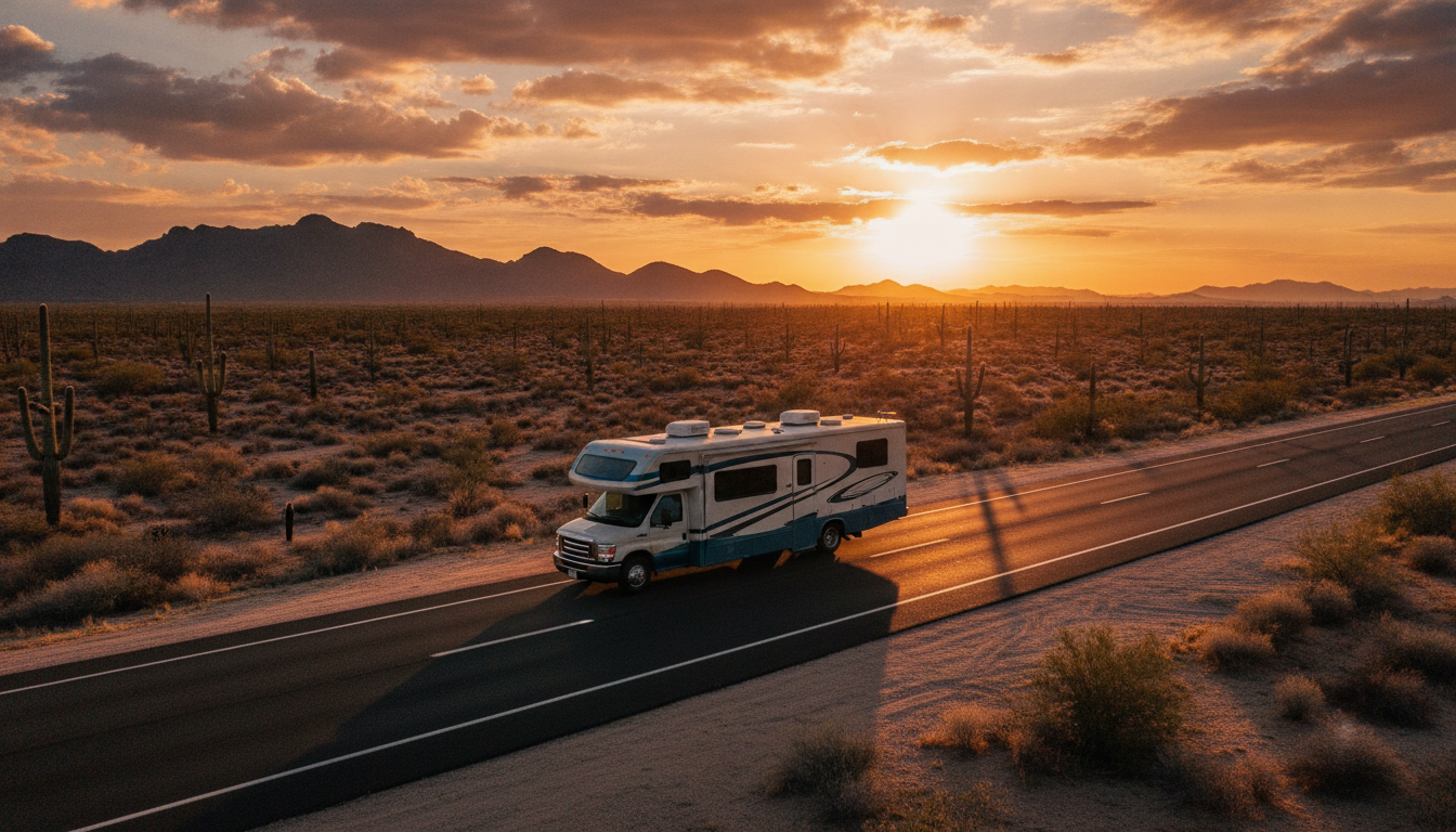 RV on the open Arizona desert highway at golden hour